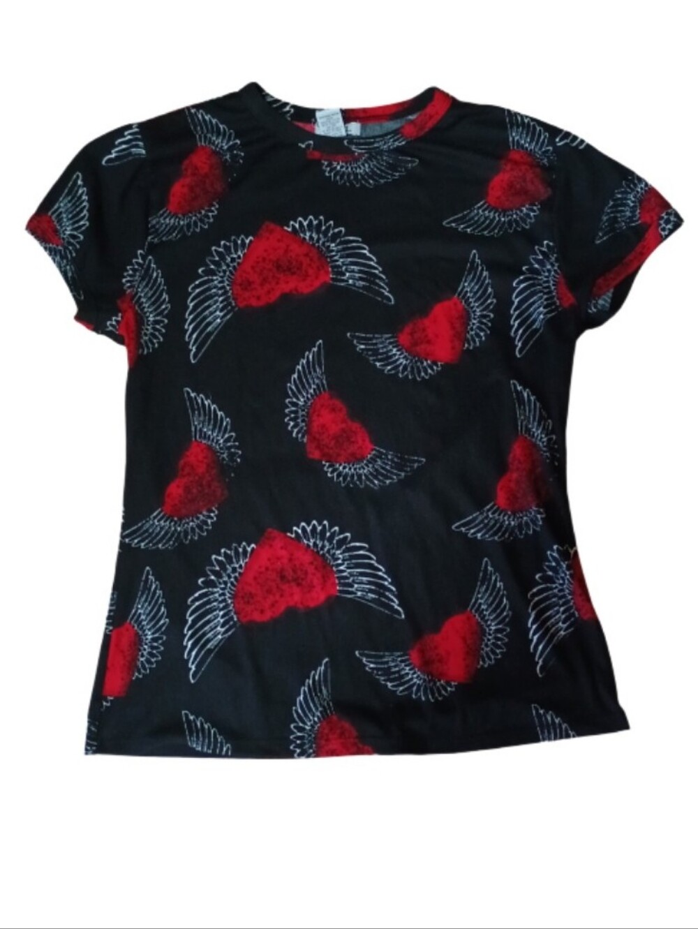 Rue21 Black Tee with Red Winged Hearts